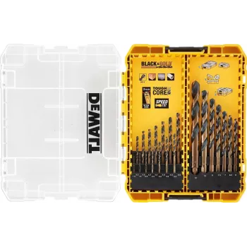 DEWALT DT70755-QZ HSS-G metalo grąžtų rinkinys, 10 dalių, 1/4 colio šešiabriaunis kotas, 135° smaigalys, DIN 338, TSTAK dėklas
