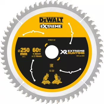 DEWALT DT99573 Diskinis pjūklo diskas 250 mm 60 dantys TCT Smulkus pjovimas medienai, fanerai, MDF, medžio drožlių plokštėms