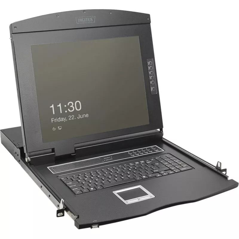 DIGITUS Modular 19 colių HD LCD KVM konsolė su 8 prievadų HDMI KVM jungikliu, jutikliniu kilimėliu, vokiška klaviatūros išdėstymu