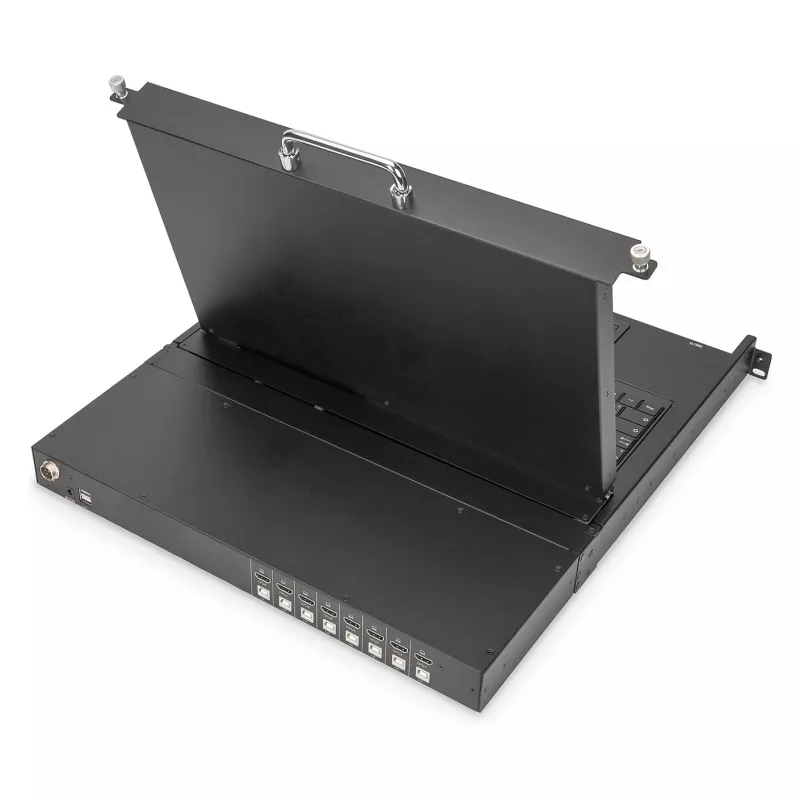 DIGITUS Modular 19 colių HD LCD KVM konsolė su 8 prievadų HDMI KVM jungikliu, jutikliniu kilimėliu, vokiška klaviatūros išdėstymu