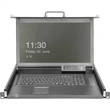 DIGITUS modulinė HD LCD KVM konsolė su 17 inch TFT ekranu, 16 prievadų CAT 5 KVM jungtimi, jutikliniu kilimėliu, vokiška klaviatūra