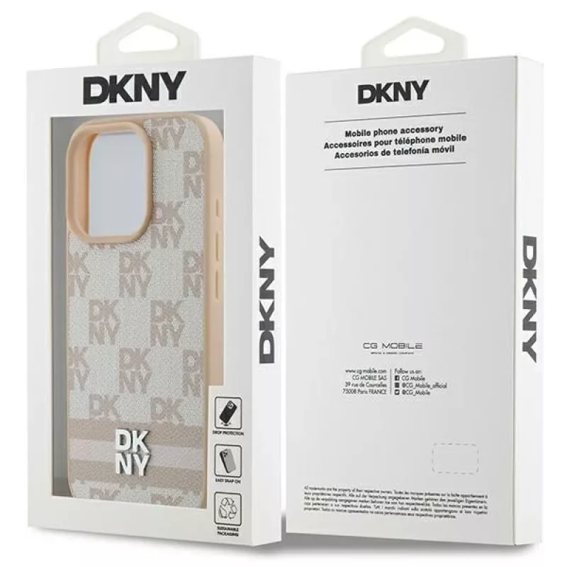 DKNY Checkered Pattern & Printed Stripes iPhone 16 Pro dėklas - rožinis