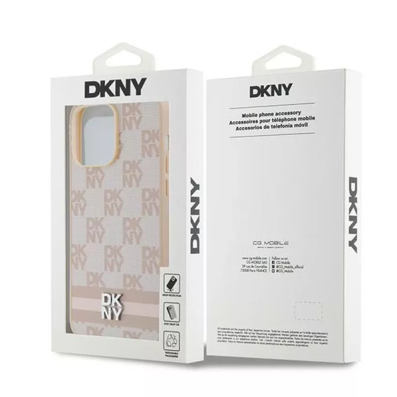 DKNY Leather Checkered Mono Pattern & Printed Stripes dėklas, skirtas iPhone 14 Pro Max - rožinis