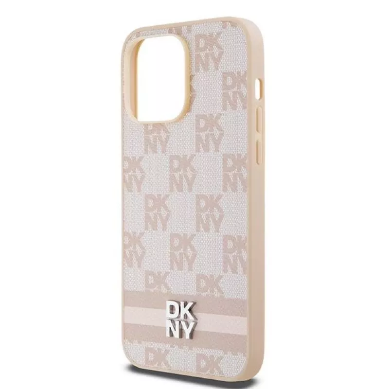 DKNY Leather Checkered Mono Pattern & Printed Stripes dėklas, skirtas iPhone 14 Pro Max - rožinis