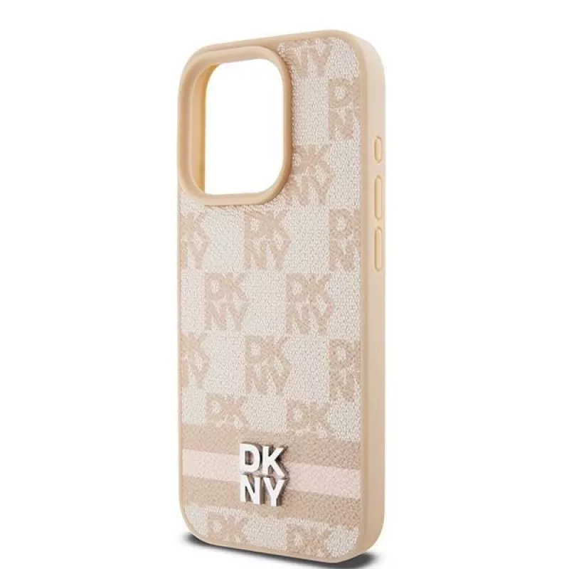 DKNY Leather Checkered Mono Pattern & Printed Stripes dėklas, skirtas iPhone 15 Pro Max - rožinis