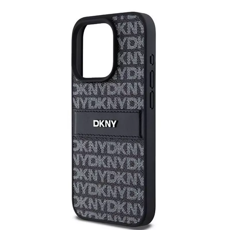 DKNY Leather Mono Stripe & Metal Logo dėklas, skirtas iPhone 15 Pro - juodas