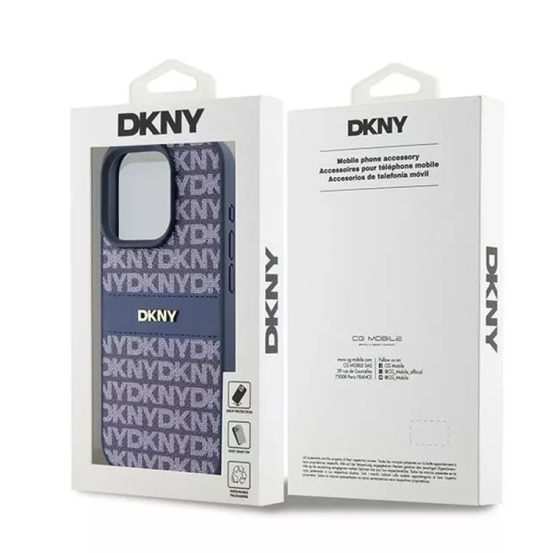 DKNY Leather Mono Stripe ir metalinis logotipas dėklas, skirtas iPhone 15 Pro - mėlynas