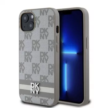 DKNY PU odos languotas rašto ir juostelės dėklas, skirtas iPhone 13, smėlio spalvos