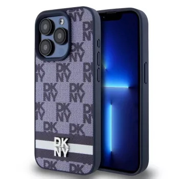 DKNY PU odos languotas raštas ir juostelė dėklas, skirtas iPhone 15 Pro Max, mėlynas