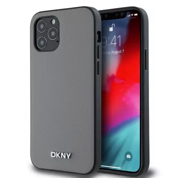 DKNY PU odos MagSafe dėklas, skirtas iPhone 12/12 Pro, su sidabriniu metalo logotipu - pilka