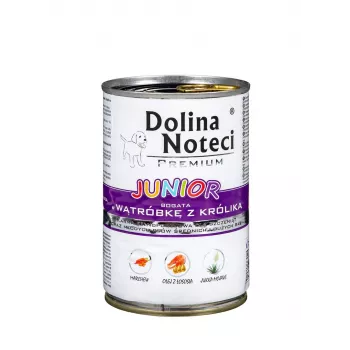 Dolina Noteci Premium Junior šlapias maistas šuniukams su triušio kepenėlėmis, vidutinių ir didelių veislių, 400 g