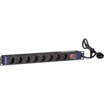 DSIT DS-8PDU-S 19 colių stovo PDU su jungikliu, 8 Schuko lizdai, 2 m laidas, 16A/3680W – juoda/sidabrinė