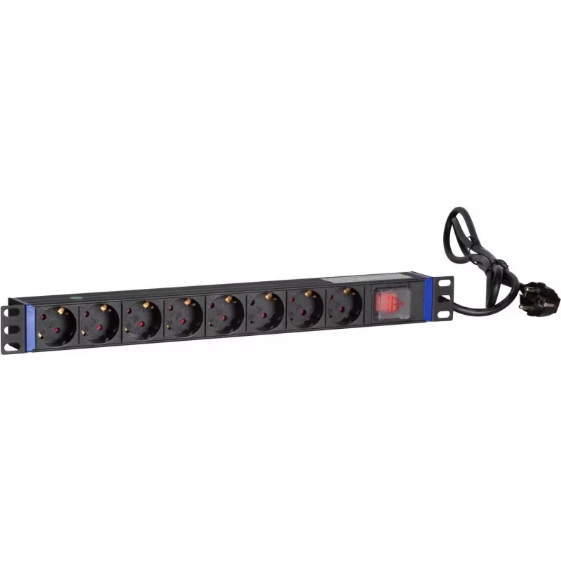 DSIT DS-8PDU-S 19 colių stovo PDU su jungikliu, 8 Schuko lizdai, 2 m laidas, 16A/3680W – juoda/sidabrinė
