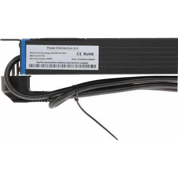 DSIT DS-8PDU-S 19 colių stovo PDU su jungikliu, 8 Schuko lizdai, 2 m laidas, 16A/3680W – juoda/sidabrinė