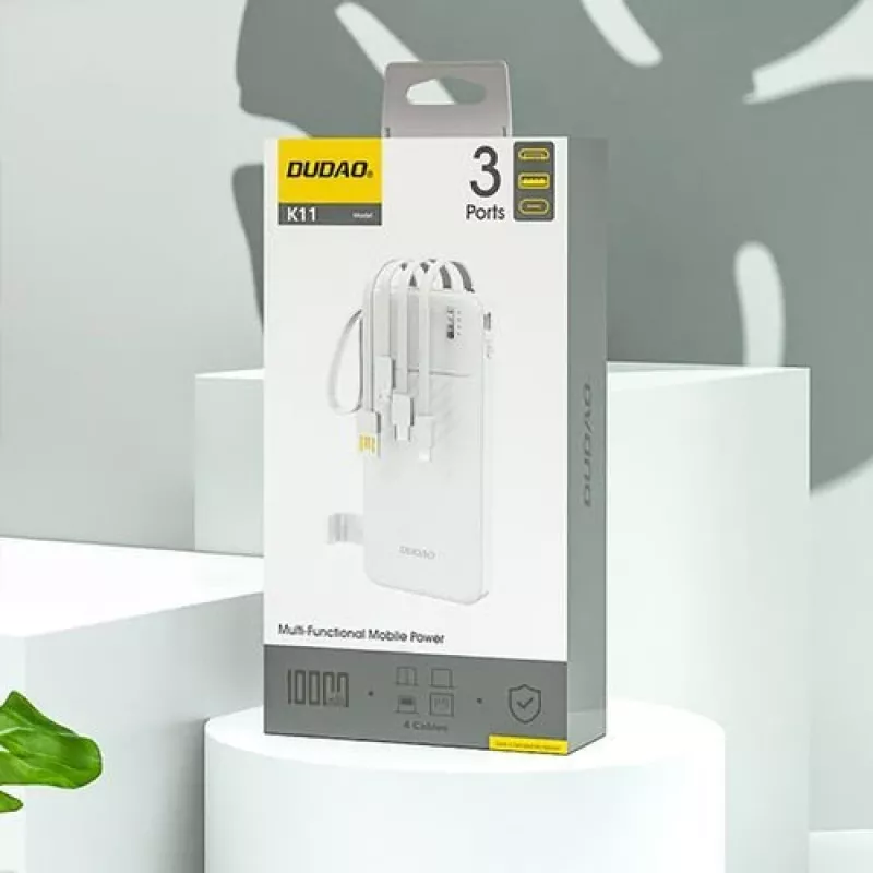 Dudao K11 10000mAh Powerbank su įmontuotais kabeliais Baltas