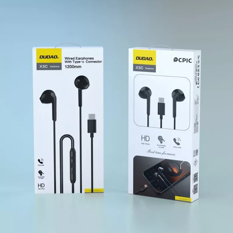 DUDAO X3C 1,2 m laidiniai USB-C ausinių įdėklai - juoda