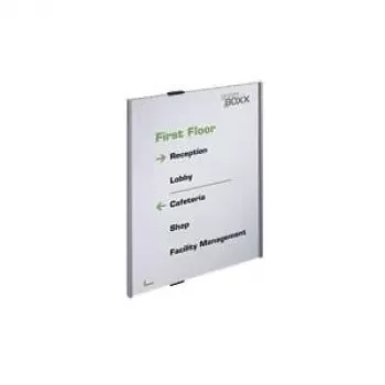 DURABLE INFO SIGN A3 portretinis informacinis ženklas, sidabrinis aliuminis, anti-glare akrilas, tvirtinimas varžtais, 297 x 420 mm įdėklas 480823