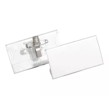 DURABLE Vardinių kortelių laikiklis 40x75 mm su kombinuotu segtuku, akrilas, permatomas, 25 vnt. pakuotė (812119)