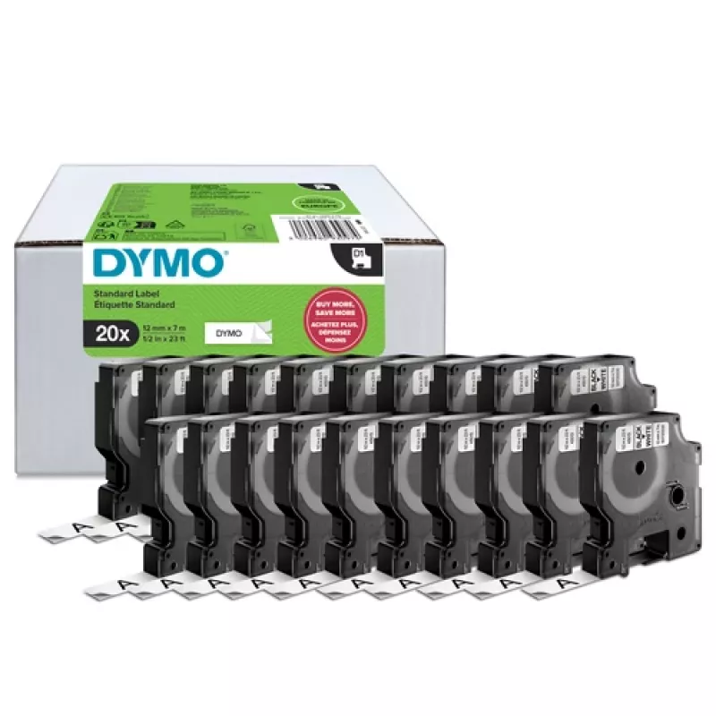 DYMO D1 etikečių juosta 9mm x 7m juoda ant baltos (10 vnt. pakelis)