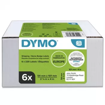 DYMO LabelWriter siuntimo ir vardo ženkliukų etiketės, 54 x 101 mm, baltos, nuolatinis klijavimas, 220 etikečių ritinyje