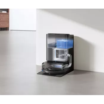 ECOVACS DEEBOT T80S OMNI robotų dulkių siurblys su automatine iškrovimo stotele, 6000 Pa siurbimo galia, karšto vandens grindų plovimas, karšto oro džiovinimas, AIVI 3D 2.0 kliūčių apėjimas, TrueMapping 2.0 LiDAR navigacija, juodos spalvos