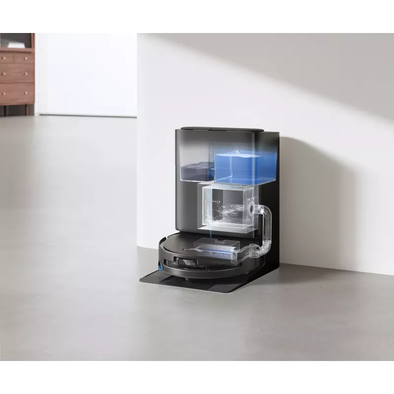 ECOVACS DEEBOT T80S OMNI robotų dulkių siurblys su automatine iškrovimo stotele, 6000 Pa siurbimo galia, karšto vandens grindų plovimas, karšto oro džiovinimas, AIVI 3D 2.0 kliūčių apėjimas, TrueMapping 2.0 LiDAR navigacija, juodos spalvos