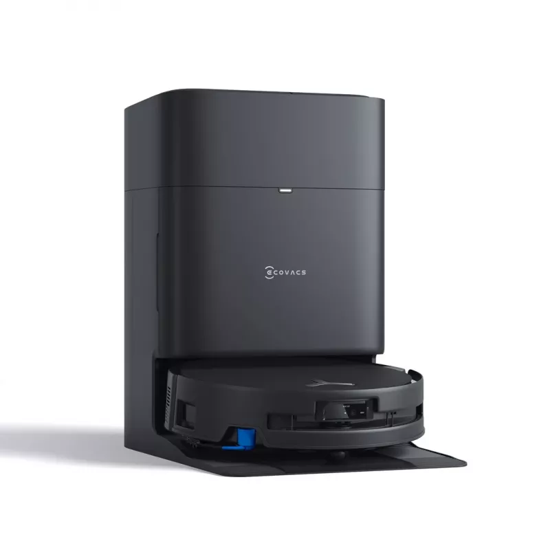 ECOVACS DEEBOT T80S OMNI robotų dulkių siurblys su automatine iškrovimo stotele, 6000 Pa siurbimo galia, karšto vandens grindų plovimas, karšto oro džiovinimas, AIVI 3D 2.0 kliūčių apėjimas, TrueMapping 2.0 LiDAR navigacija, juodos spalvos