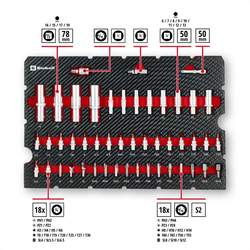 Einhell E-Case 92 dalių dirbtuvių įrankių rinkinys (370514) – chromo-vanadžio plienas, juoda/raudona