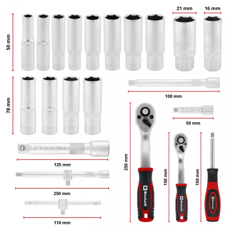 Einhell E-Case 92 dalių dirbtuvių įrankių rinkinys (370514) – chromo-vanadžio plienas, juoda/raudona