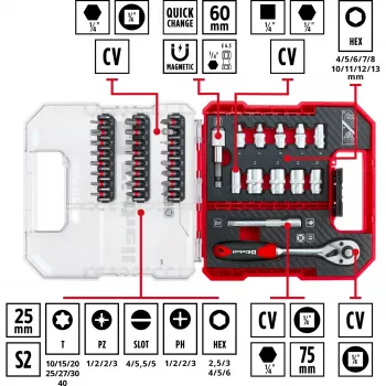 EINHELL-KWB Lizdų ir antgalių rinkinys 1/4 colio 37 dalių L-CASE dėkle