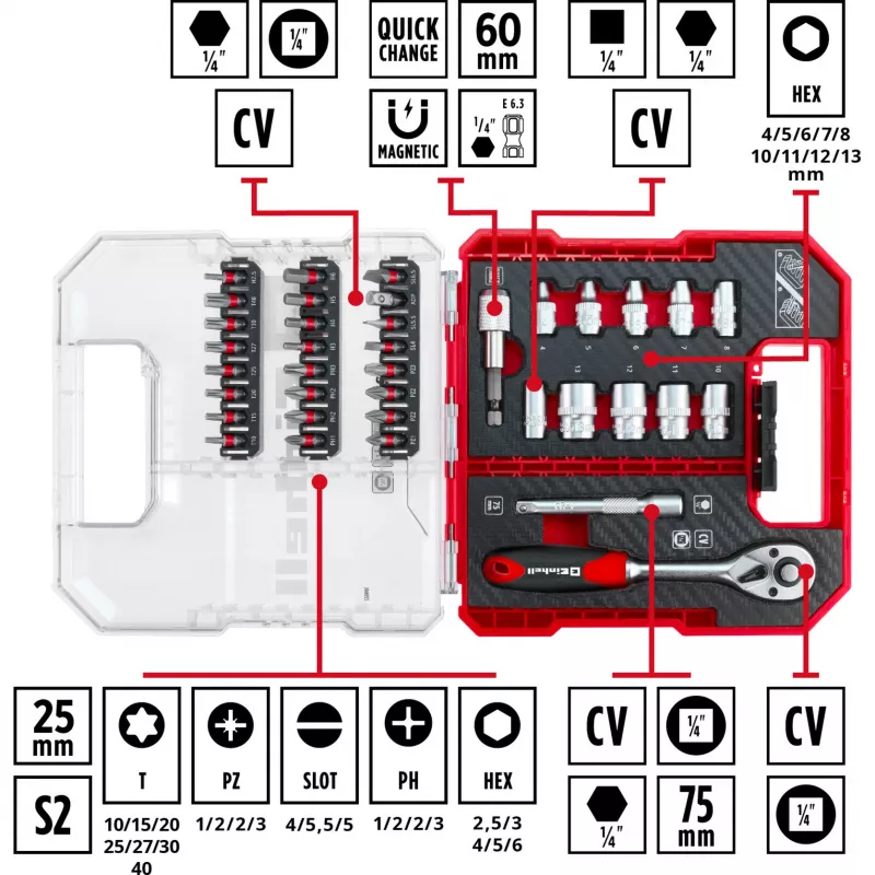 EINHELL-KWB Lizdų ir antgalių rinkinys 1/4 colio 37 dalių L-CASE dėkle