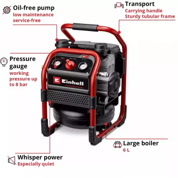 EINHELL Power X-Change belaidis oro kompresorius SILENZZO 18/160, 18V (raudonas/juodas, be akumuliatoriaus ir įkroviklio)