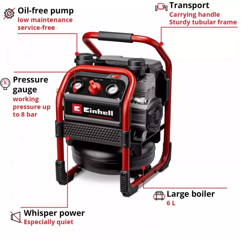 EINHELL Power X-Change belaidis oro kompresorius SILENZZO 18/160, 18V (raudonas/juodas, be akumuliatoriaus ir įkroviklio)