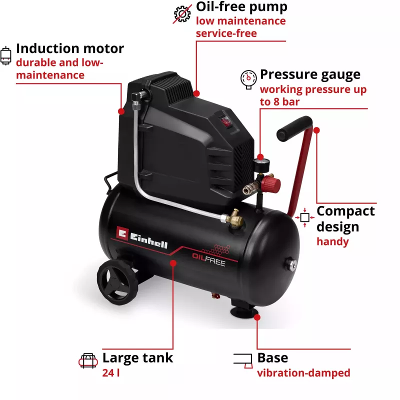 EINHELL TC-AC 190/24/8 I OF Oil-Free Compressor, 1100 W, 24 L Tank, 8 bar, Black