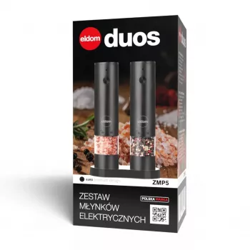 ELDOM ZMP5 baterijomis maitinamas druskos ir pipirų malūnėlių rinkinys su stovu, juodas