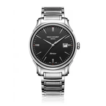 Vyriškas šveicariškas automatinis laikrodis EMILE CHOURIET 40mm nerūdijančio plieno korpusas, juodas ciferblatas, odinis dirželis 081128G62586