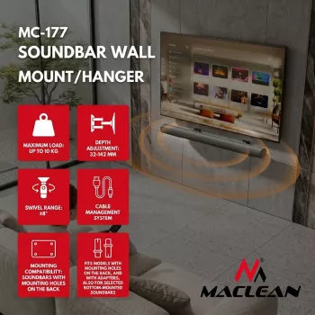 EOF Maclean MC-177 Soundbar laikiklis sienai, plieninis, juodas, pakreipimas +8° iki -8°, max 10 kg