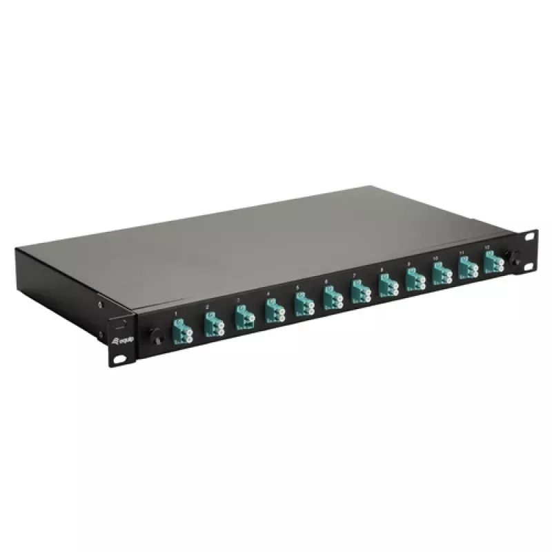 Equip 12 prievadų optinio pluošto sujungimo dėžutė, LC Duplex, OM3, 1U, su įranga, juoda