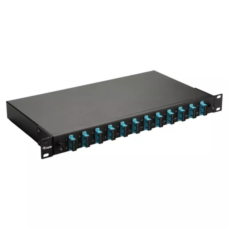 Equip 12 prievadų optinio pluošto sujungimo dėžė, SC Duplex, OM3, 1U, su įranga, juoda
