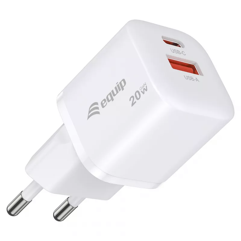 Equip 2-Portų USB-C PD3.0/USB-A GaN Sieninis Įkroviklis 20W Baltas