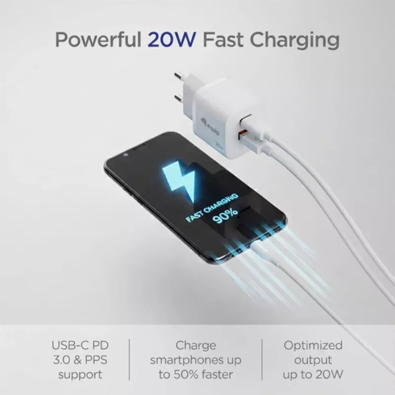 Equip 2-Portų USB-C PD3.0/USB-A GaN Sieninis Įkroviklis 20W Baltas