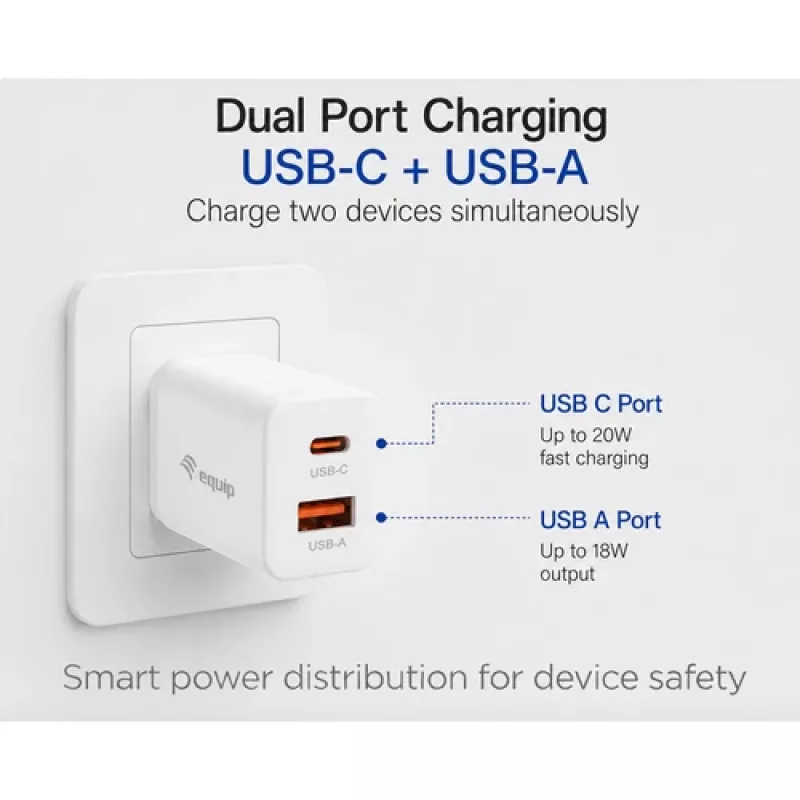 Equip 2-Portų USB-C PD3.0/USB-A GaN Sieninis Įkroviklis 20W Baltas