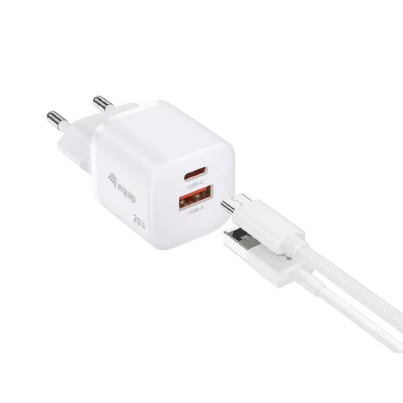 Equip 2-Portų USB-C PD3.0/USB-A GaN Sieninis Įkroviklis 20W Baltas