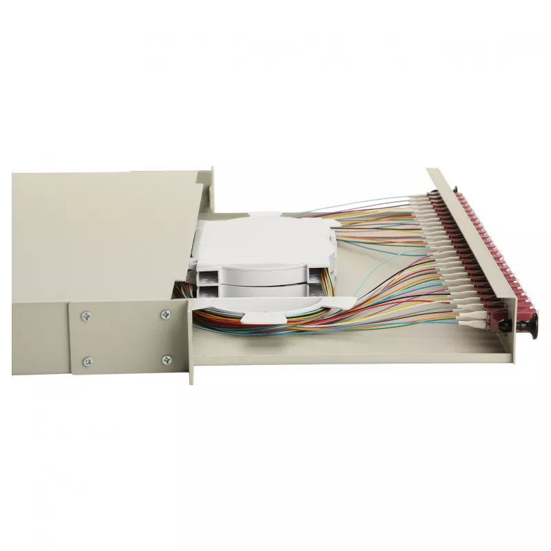 Equip 24 prievadų optinio pluošto sujungimo dėžutė, LC Duplex, OM4, 1U, su įranga, pilka