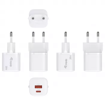 Equip 245526 2 prievadų USB-C PD3.0 / USB-A GaN 20W sieninis įkroviklis, baltas