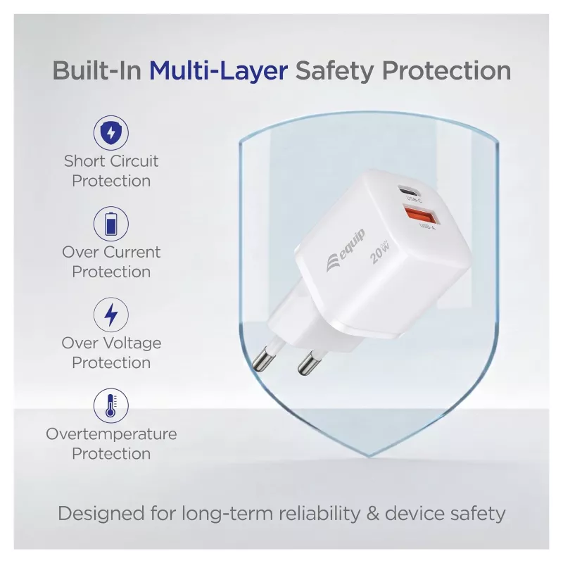 Equip 245526 2 prievadų USB-C PD3.0 / USB-A GaN 20W sieninis įkroviklis, baltas