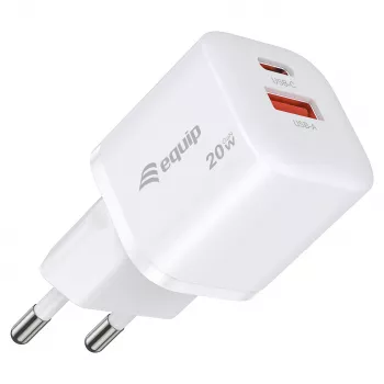 Equip 245526 2 prievadų USB-C PD3.0 / USB-A GaN 20W sieninis įkroviklis, baltas