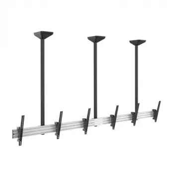 EQUIP Pro trijų monitorių lubinis laikiklis 45-50 colių ekranams, visiškai judančios išlenktos rankos, VESA 75/100, 8 kg vienam ekranui, juodas/sidabrinis