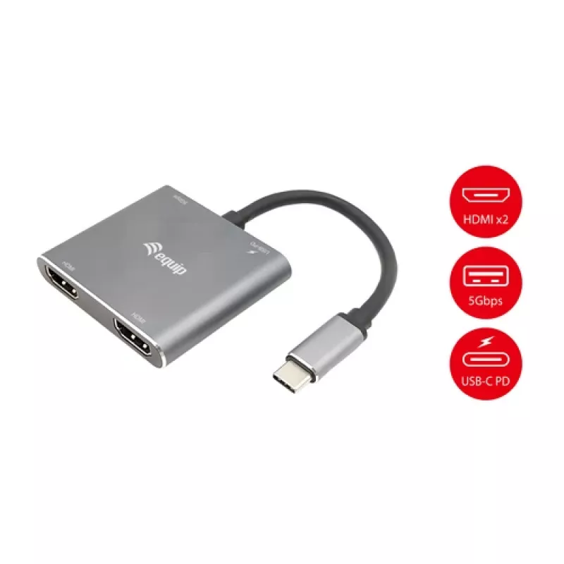 EQUIP USB-C 4-in-1 dvigubo HDMI adapteris su 100W PD, 4K MST, aliuminio korpusu