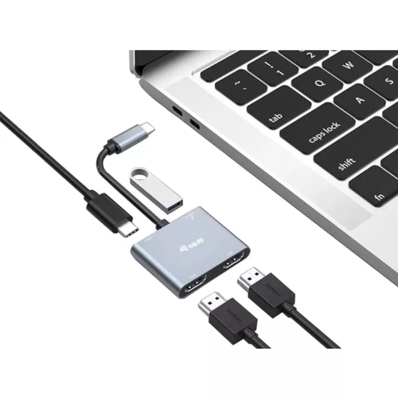 EQUIP USB-C 4-in-1 dvigubo HDMI adapteris su 100W PD, 4K MST, aliuminio korpusu